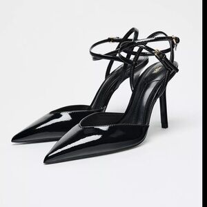 Zara strappy pointy slingback heels , patent finish ankle strap